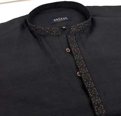 Men's Black Kurta With Placket Embroidery • £25