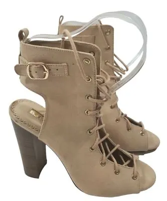 Liliana Womens Beige Lace Up Block Heels Peep Toe Ankle Boots Size 7.5 • $35.97