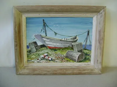 Painted Enamel On Metal Nautical Boat Lobster Traps Painting Signed Carly Framed • $159