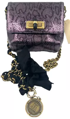 Lanvin Purple Leather Metallic Snake Print Turnlock Chain Crossbody Strap Bag • £144.57