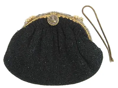 Vintage Black Beaded Rhinestone & Pearl Evening Bag Made In France • $52