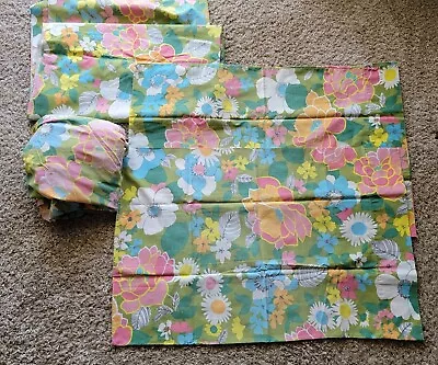 Vintage Bed Sheet Set Floral 70's 4 Pc Flat Fitted Sheet 2 Pillow Cases Sz. Full • $50