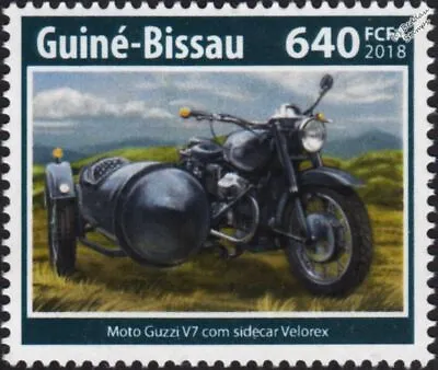 MOTO GUZZI V7 & VELOREX Sidecar Motorcycle Motorbike Stamp (2018 Guinea-Bissau) • $2.48