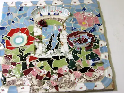 Broken China Pottery Shards Floral Mosaic Handcrafted Wall Art Large 24  X 24  • $39.99