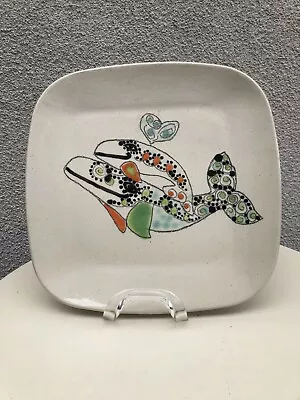 Colorful Ceramic Platter Whales 10.5” Ensenada Mexico Signed  • $18