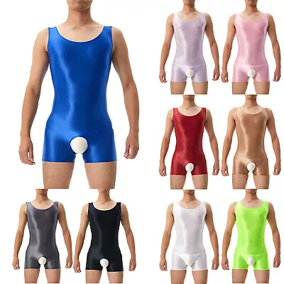 US Mens Glossy Underwear Sleeveless Bodysuit Crotchless Leotard Shorts Jumpsuits • $5.89