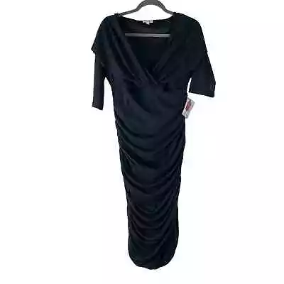 Kiyonna Ruch Wiggle Bodycon Dress Womens 1X Black Stretch Midi V Neck NWT • $39.88