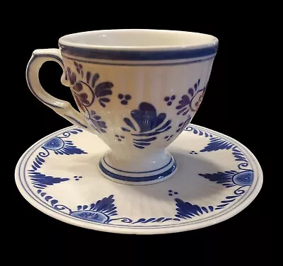 Vintage Delft Blue Handpainted Holland Floral Ribbed Demitasse Cup & Saucer • $4.90