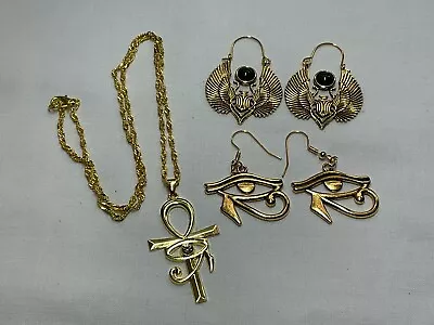 Jewellery Wonderful Job Lot Gold Tone Egyptian Necklace & Earrings Modern • £7.95