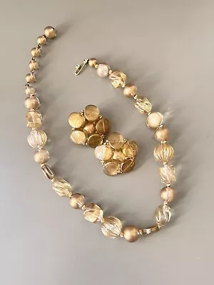 Vintage Signed MARVELLA Necklace & Earring Set Frosted Gold Lucite Beaded! • $22