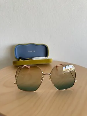 $449 • Buy New Gucci Sunglasses Glasses Womens Mens Optical GG1005S 001 GOLD Hexagonal