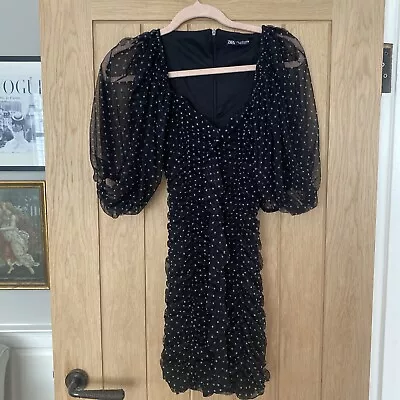 Black Polka Dot Chiffon Ruched Puff Sleeve Mini Dress Zara Size XS • £5