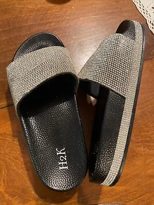 H2K Womens Rhinestone Bling Fancy Slide Flat Low Wedge Sparkle Sandals Shoes 7 • $10.36