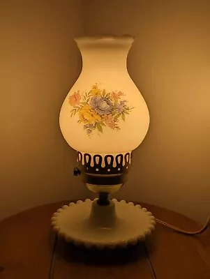 Vintage White Milk Glass Floral Electric Hurricane Bedside Lamp Works 11.5  • $29.99