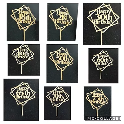 Happy Birthday Geometric Cake Toppers Various Gold Mirrored Acrylic Celebration  • £5.50