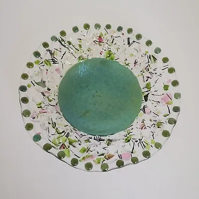 Vintage Art Glass Plate Signed K Hudson Fused Glass Clear & Green Unique • $28.95