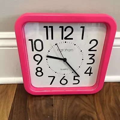 Vintage Ingraham Hot Pink Neon Plastic Wall Clock Square 10” USA Hanging Quartz • $80.74