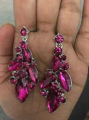 2.7  Long Hot Pink Fuchsia Dangle Pageant Rhinestone Crystal Silver Earrings • $14.50