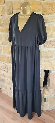 BNWT Long Tall Sally Size 16 Black V Neck Maxi Long Tiered Empire Summer Dress • £5.50