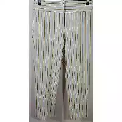 I.E. Tan Lime Green Striped Flat Front Cropped Pants 10 Lightweight Stretch Soft • $25