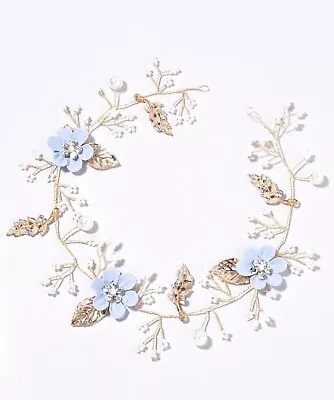 Bridal Wedding Blue Flower Pearl & Gold Leaf Hair Vine Hair Band Crown Wreath • £14