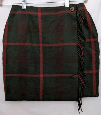 Vintage Ralph Lauren Country Green Red Plaid Wrap Wool Skirt Sz 8 Extra Buttons • $25