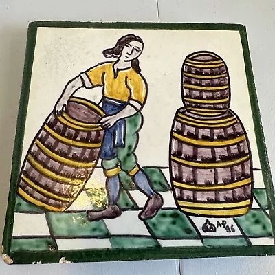 Vintage German Austrian Pottery Tile Trivet Signed A P 86  Folk Art 5.5” Read • $16.20