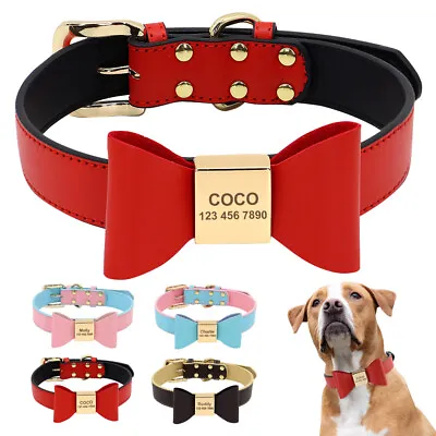 £6.71 • Buy Personalised Leather Dog Cat Collar With Cute Bow Tie Pet Name ID Tags Engraved