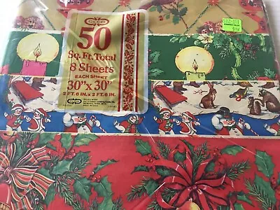 Vintage Cleo Christmas Wrapping Paper Santa Snowman Wreath Candle 50 Sq Feet New • $12.99