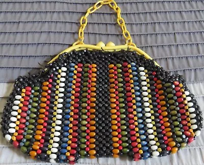 Vintage Wooden Beaded Handbag/Purse Fine Arts Products New York 7 X12  1930's • $47.50