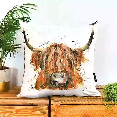 Luxury Cosy Shaggy Highland Cow Cushion 43cm X 43cm Suede Feel Home Gift • £12.50