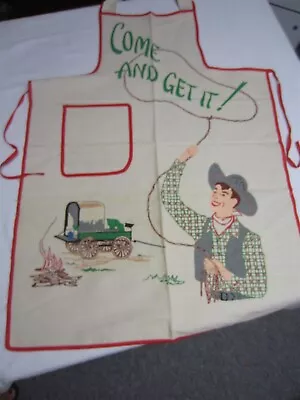 Vintage Kitschy Handpainted Come And Get It Western COWBOY Chuck Wagon BBQ APRON • $7.99