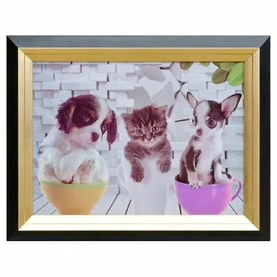 Framed Picture Dogs & Cat Tea Party Hologram Framed In Black And Gold • £19.99