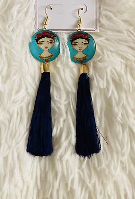 Frida Kahlo Pom Pom Earrings Navy Blue • $10