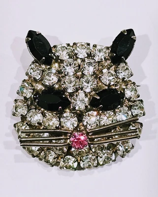 $25 • Buy Vintage Rhinestone Cat Brooch Pin Silvertone With Clear, Black, & Pink Glass 