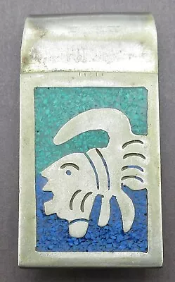 Vintage Signed Alpaca Mexico Silver Tone Crushed Turquoise Aztec Money Clip • $5