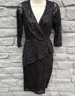 MARINA Women's Size 4 Black Sequined Lace Faux Wrap Short Dress Evening Gown • $17