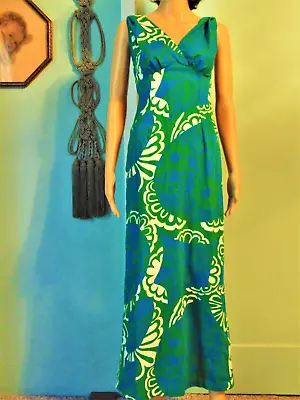 Vtg 60s Hawaiian Bark Cloth Long Gown Maxi Dress Bra Train Blue Green Sz S 8 • £77.16