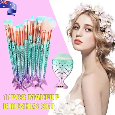 11 X Mermaid Makeup Brushes Set Fish Tail Foundation Eyeshadow Cosmetic Brush AU • $9.88