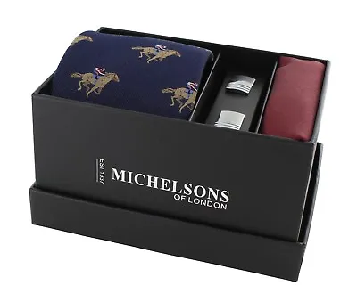 Navy Jockey On Race Horse Silk Tie Wine Twill Silk Pocket Square & Cufflink Set • £40