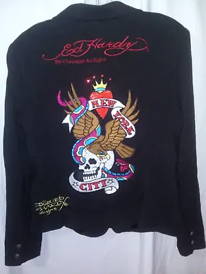 ED HARDY CHRISTIAN AUDIGIER Embroidered Jacket Blazer NEW YORK CITY Women's XL~r • $44.99