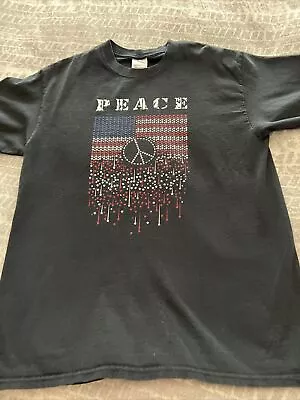 Graphic Tee M Blue Gildan Peace Flag 100% Cotton • $5.50