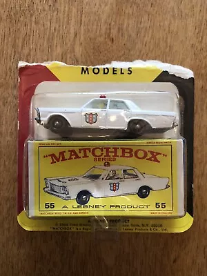 MATCHBOX LESNEY No 55c FORD GALAXIE POLICE CAR IN ORIGINAL BOX Blister Pack 1966 • $90