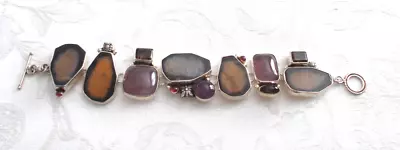 AMY KAHN RUSSELL Sterling Silver Smokey Quartz Agate Sugilite Link Bracelet • $125