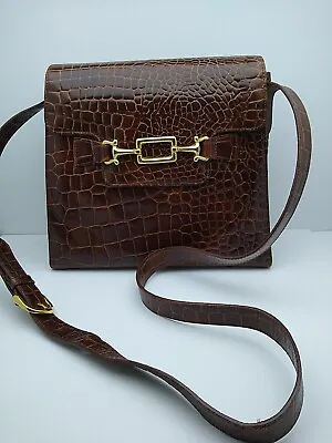 Vintage Classic Talbots Brown Leather Crocodile Croc Embossed Handbag 10.5x9x5 • $29.75
