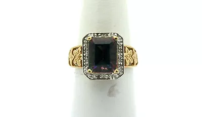 14k Yellow Gold YG Emerald Cut Mystic Topaz N Diamond Chunky Ring  Sz 7.5  #1306 • $349.99