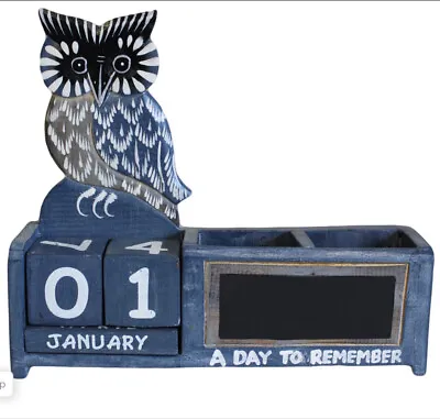 £11.99 • Buy WOODEN BLOCKS Blue OWL CALENDAR Pen Holder A Day To Remember Handcrafted