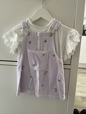 Zara Baby Lilac Floral Denim Pinafore Dress + White Ruffle T-Shirt 12-18 Months • £12