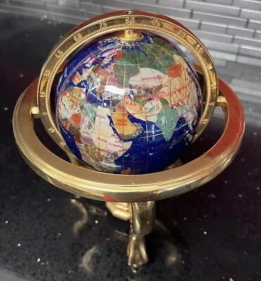 9  Tall Semi-Precious Gemstone World Globe Lapis Ocean Brass With Compass • $45