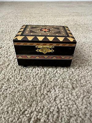 Vintage Small Musical Box Wood Black Red Gold Inlaid Design • $4.99